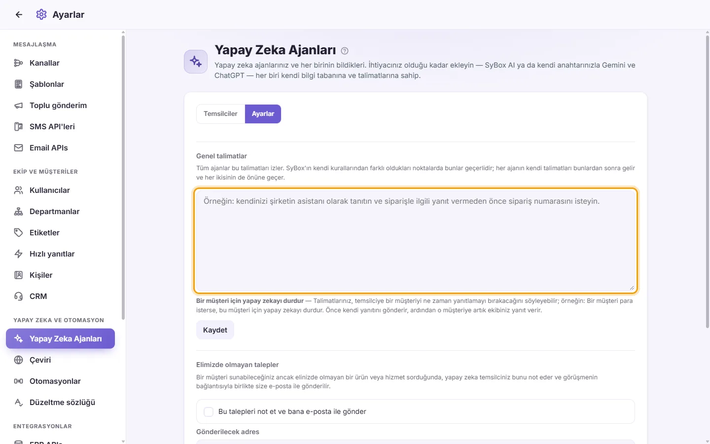The AI Agents "Settings" tab: the "General instructions" box