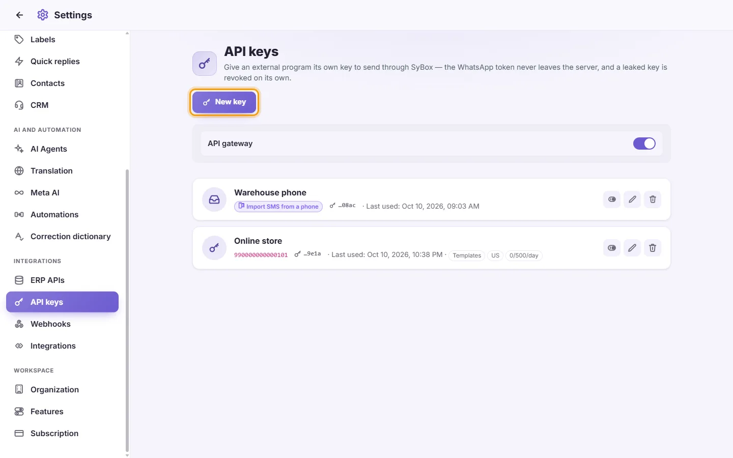 Settings, API keys: keys that let another program send through SyBox, and the "New key" button