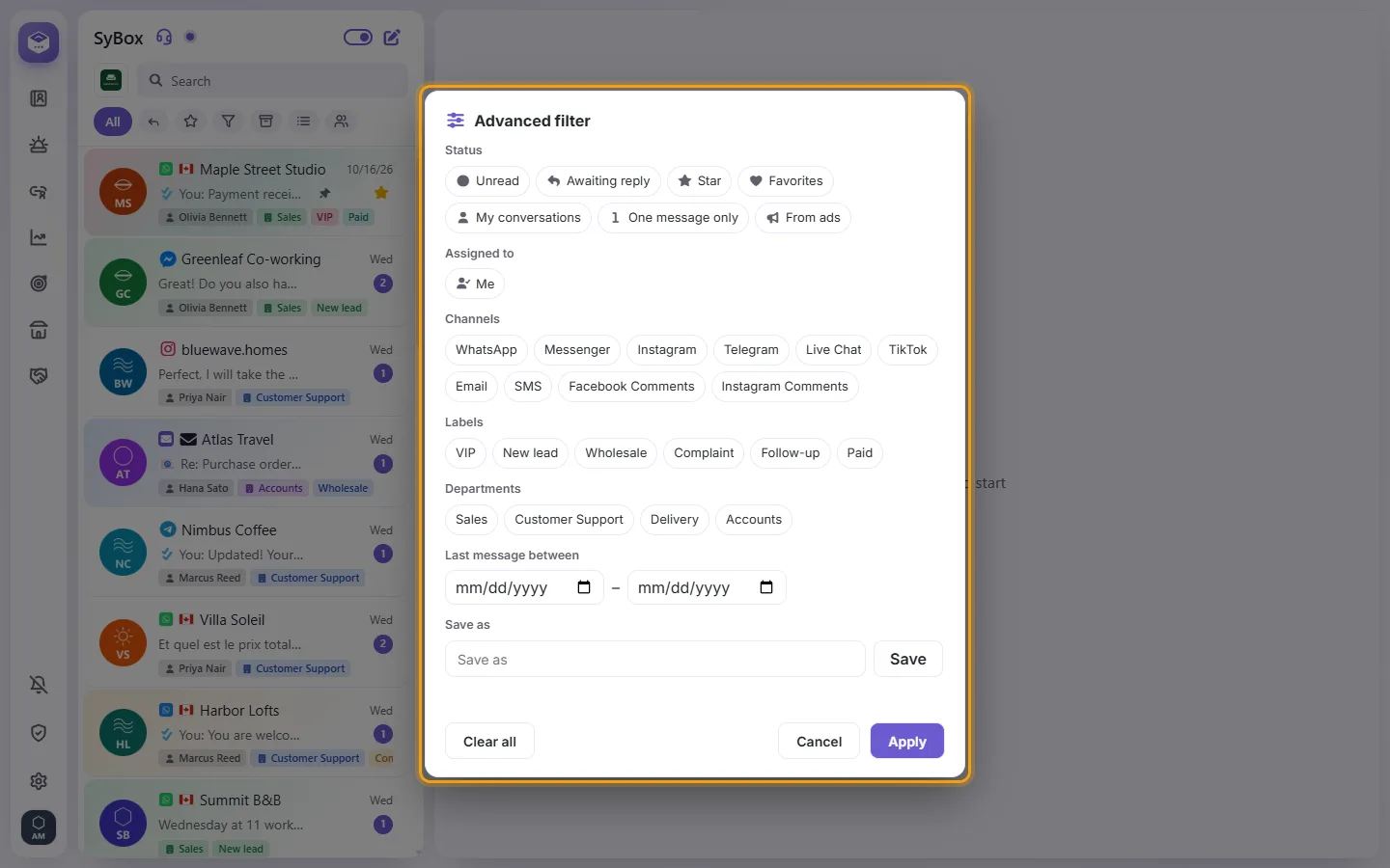 The advanced filter: status, assigned to, channels, labels, departments, contact fields, dates, and "Save as"