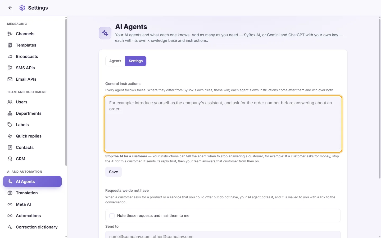 The AI Agents "Settings" tab: the "General instructions" box