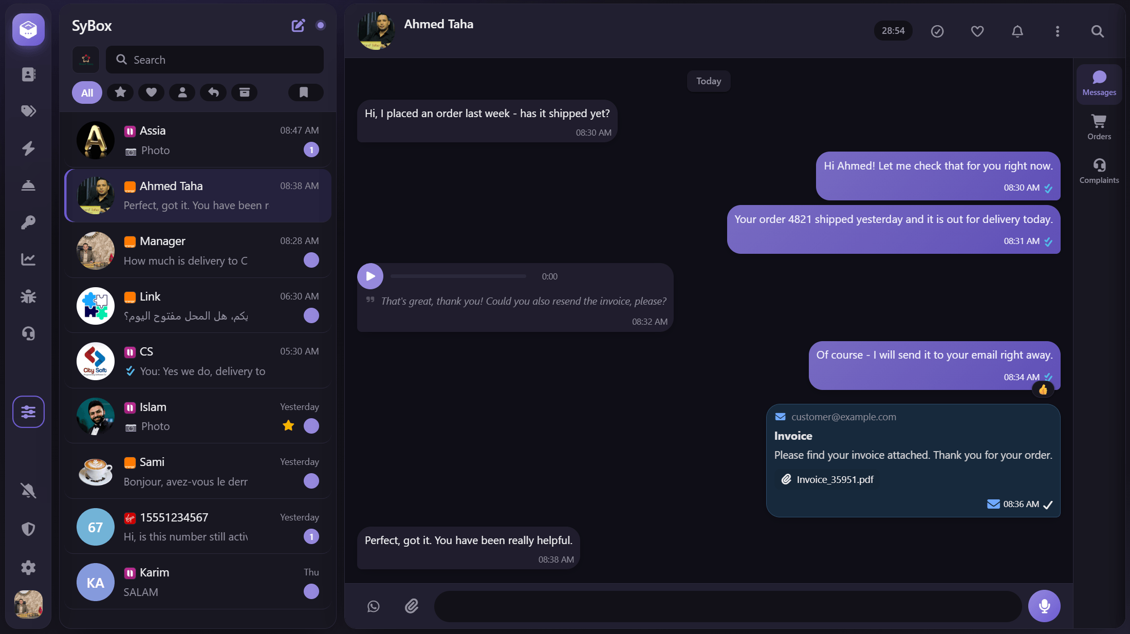 SyBox shared inbox with a customer conversation