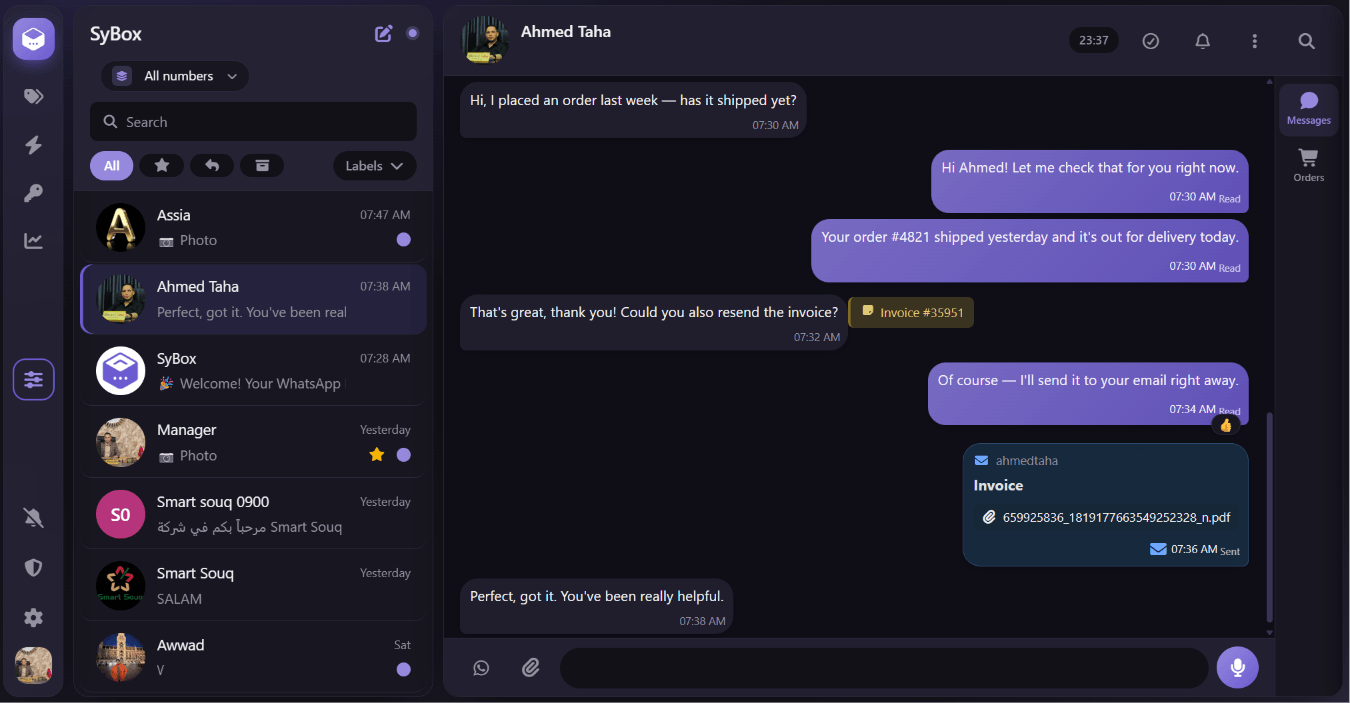 SyBox shared inbox with a customer conversation