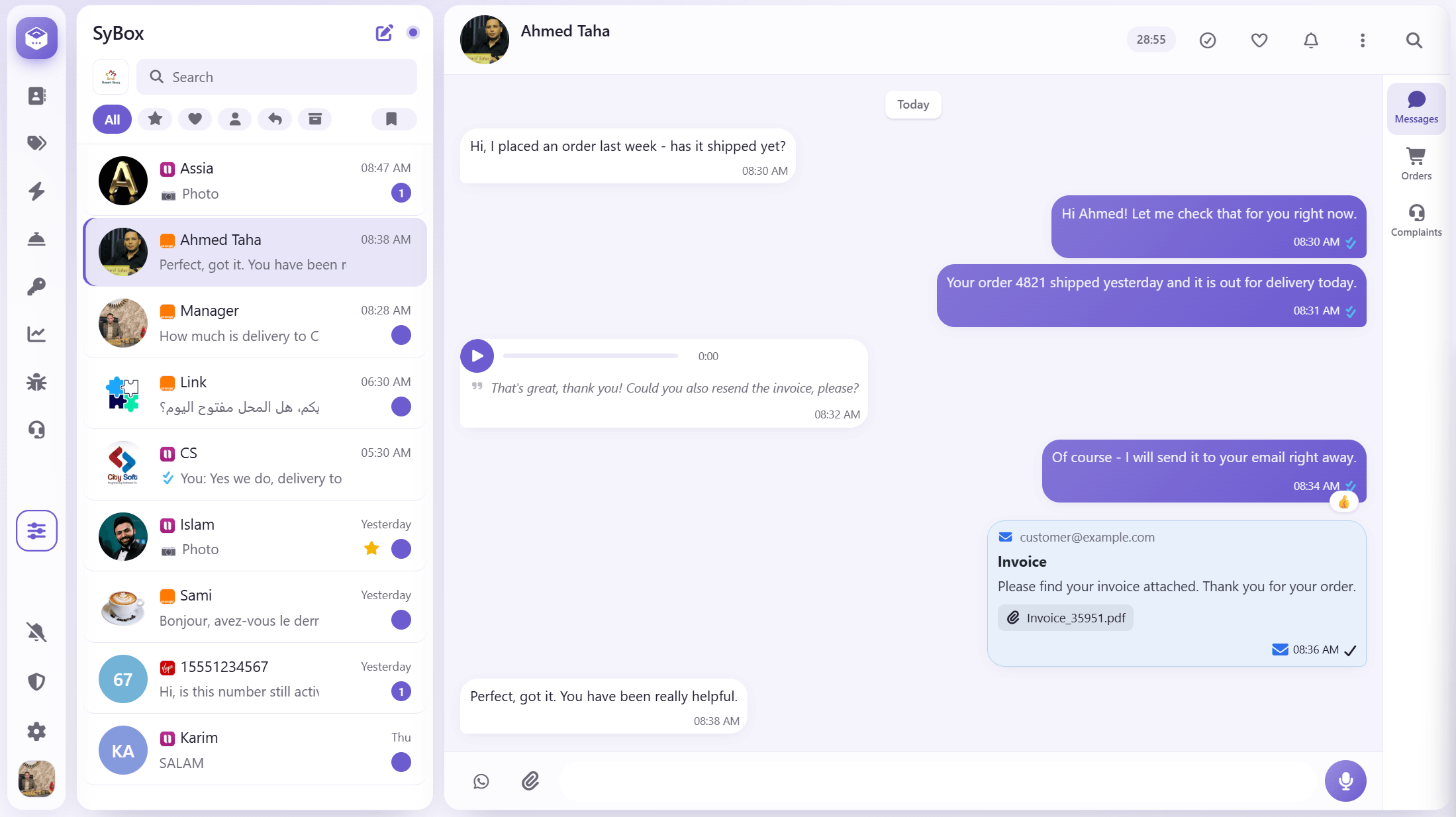 SyBox shared inbox with a customer conversation