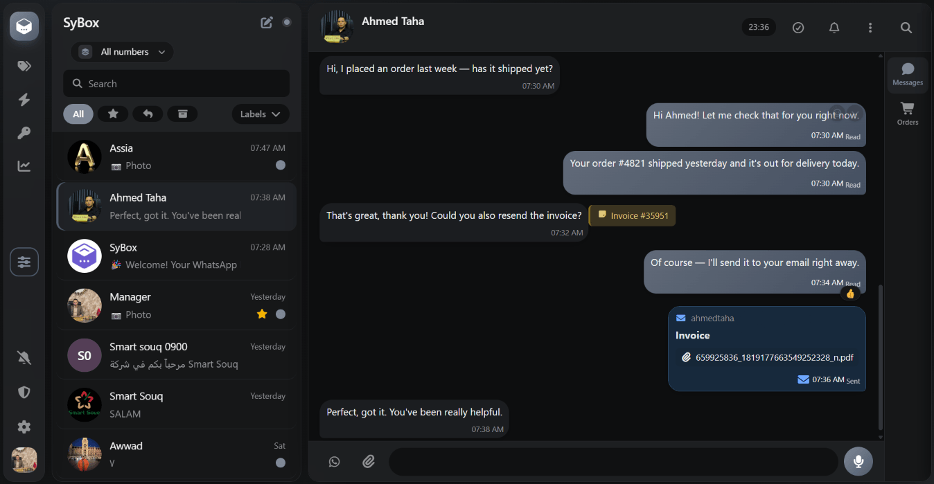 SyBox shared inbox — dark theme